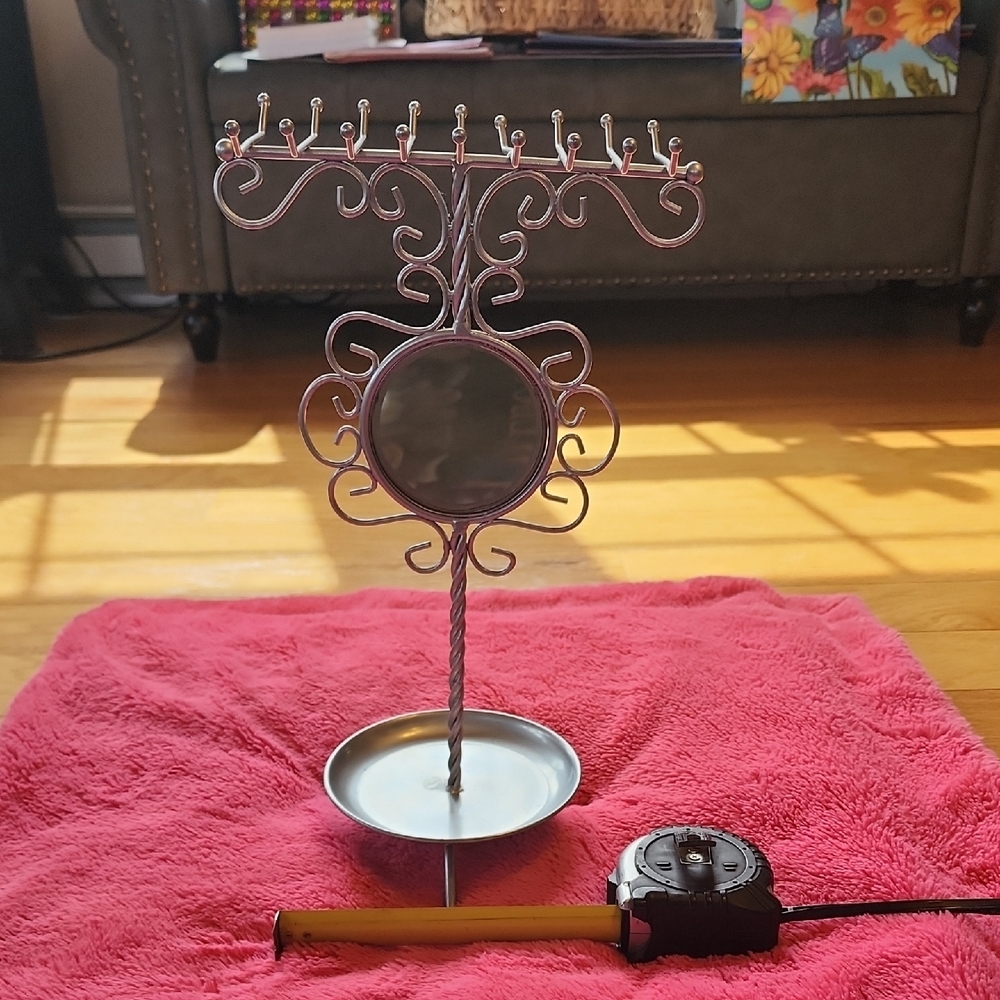 Ornate Metal Jewelry Stand with Mirror -Silvertone - Picture 2 of 7